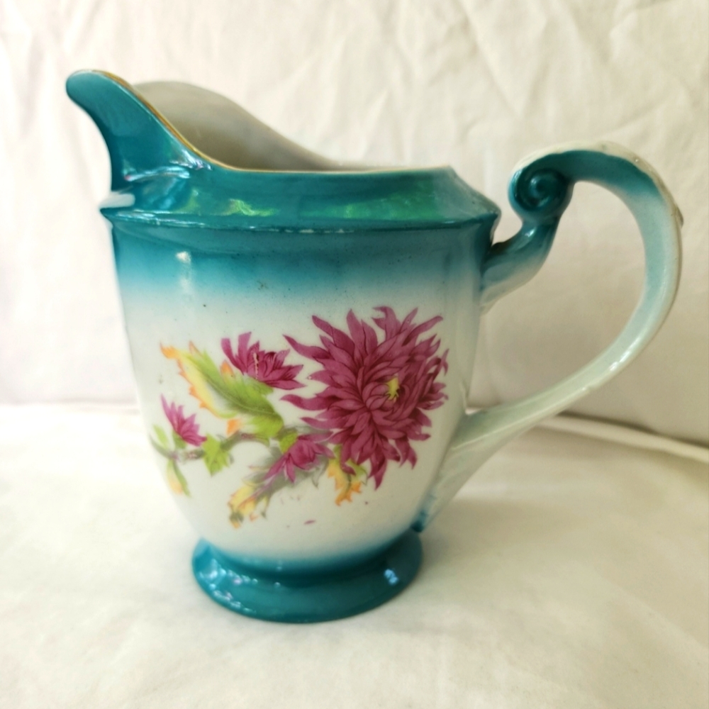 Vtg Ceramic Pitcher Pink Chrysanthemum Teal Japan Cottagecore Farmhouse Jug